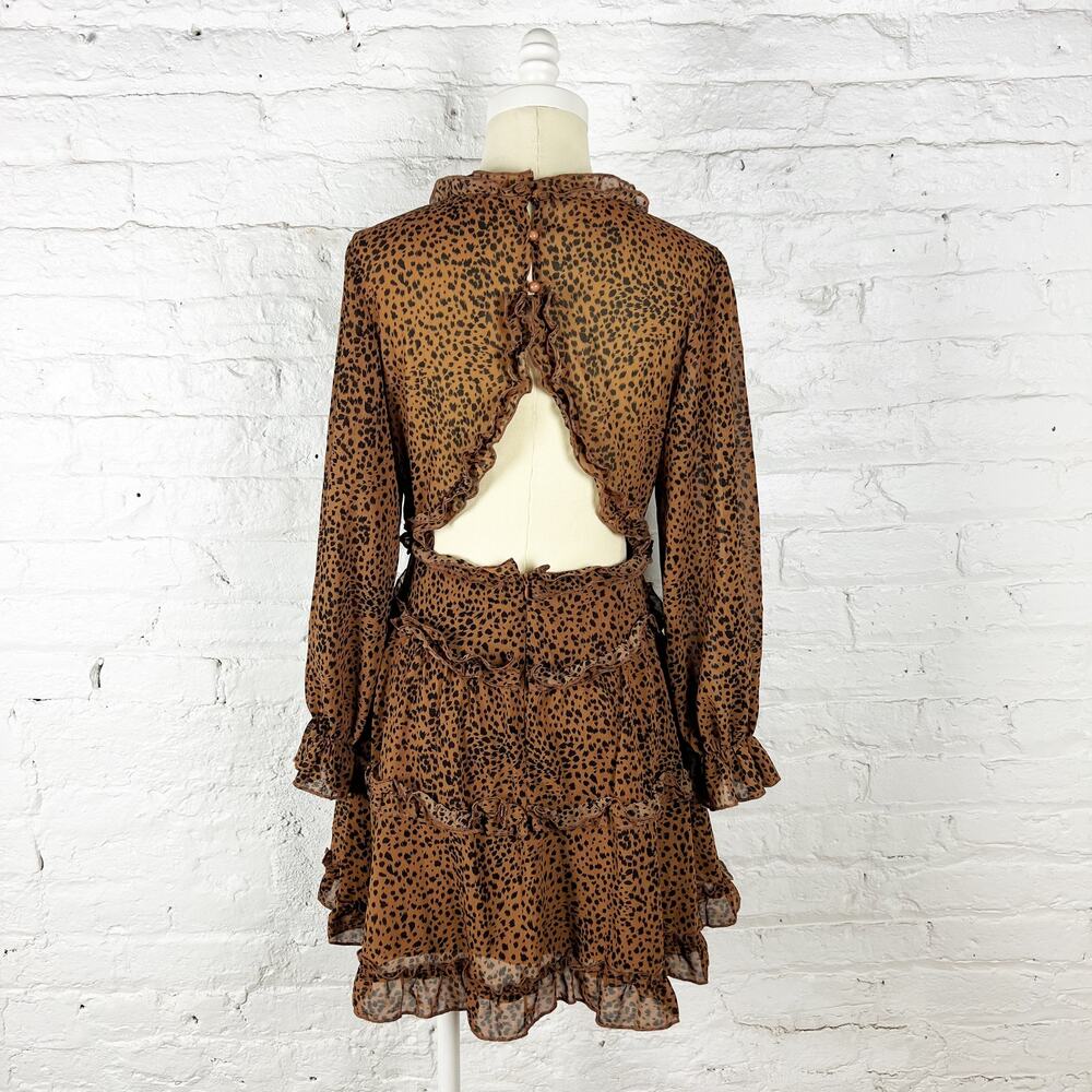 Cheetah print dress brown black tan ruffle accents open back size small - Picture 2 of 5
